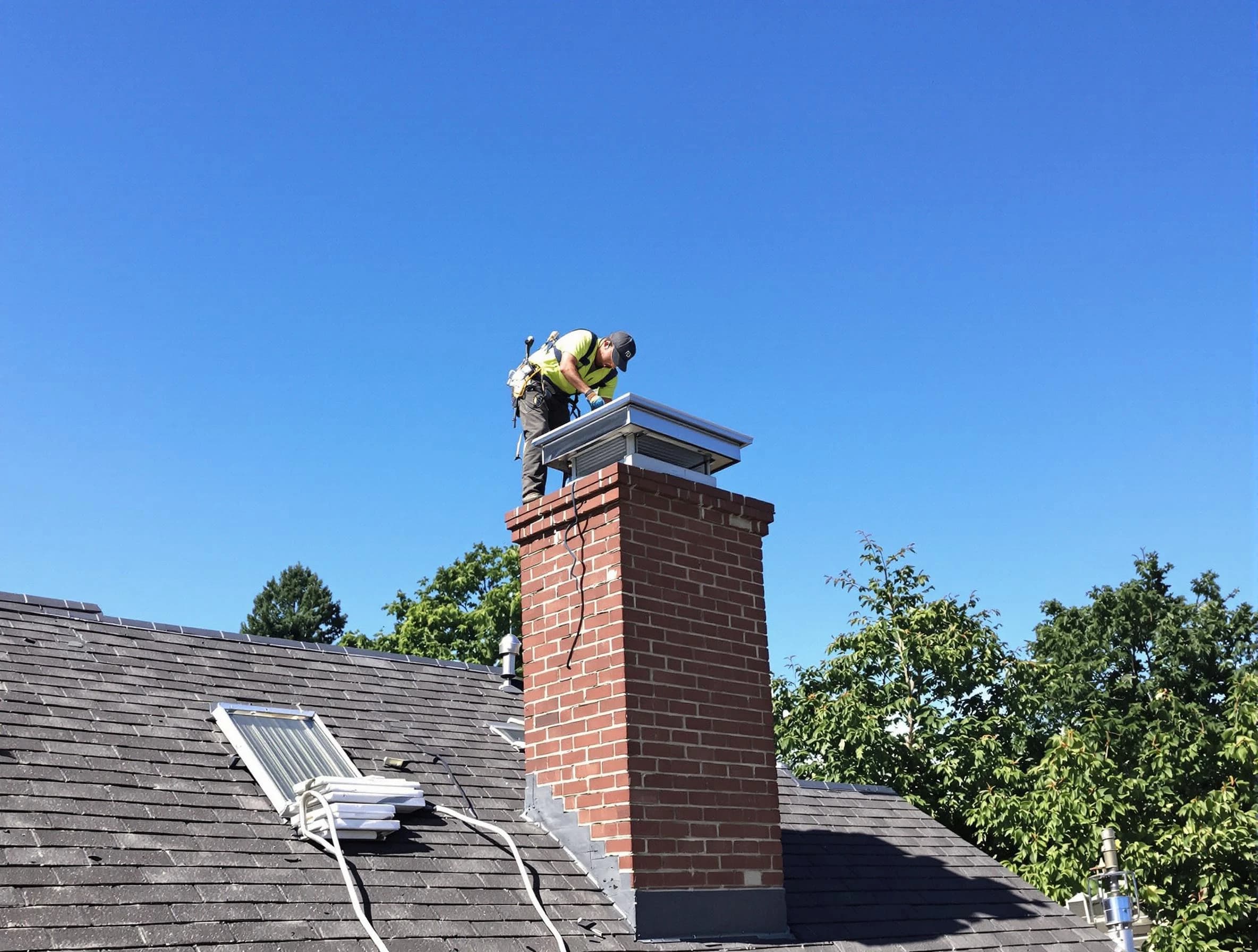 Blackstone Chimney Sweep technician measuring a chimney cap in Blackstone, VA
